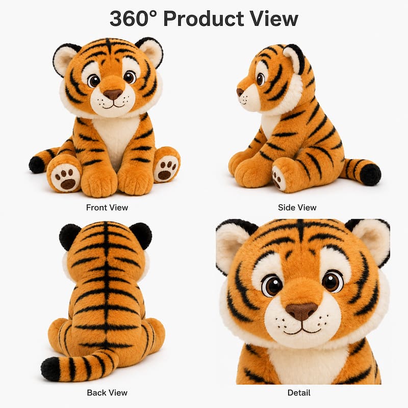 Custom tiger plush toy front side back view