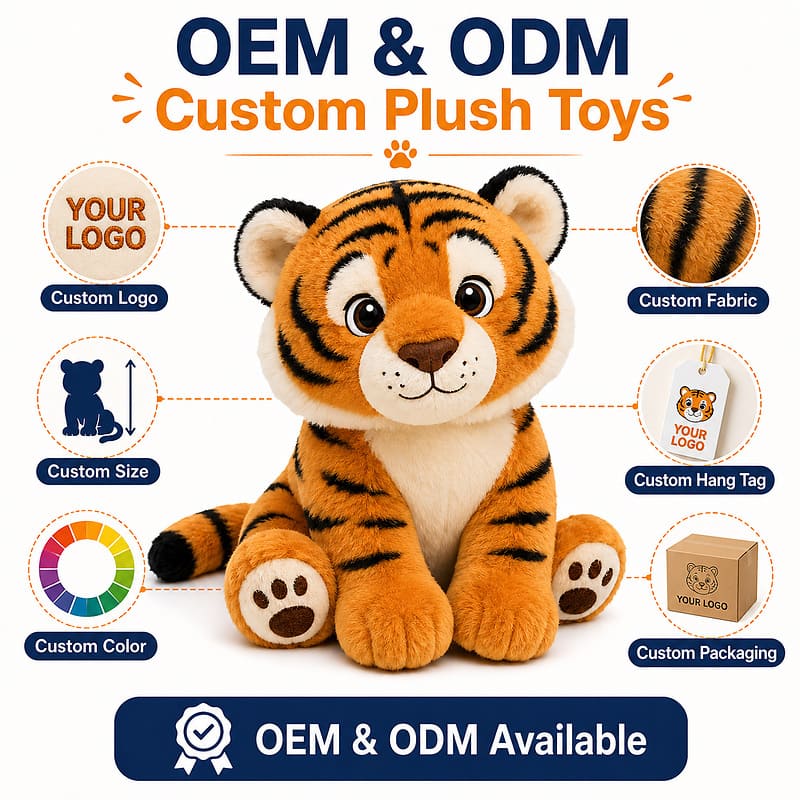 Custom tiger plush toy embroidered detail