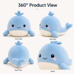 Custom blue whale plush toy front side back view