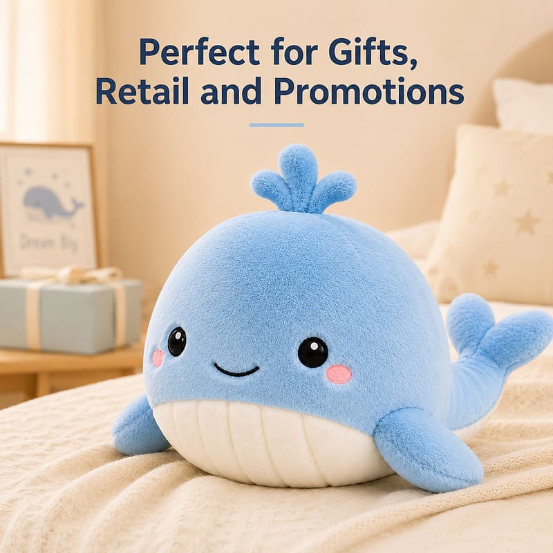 Custom blue whale plush toy stitching detail