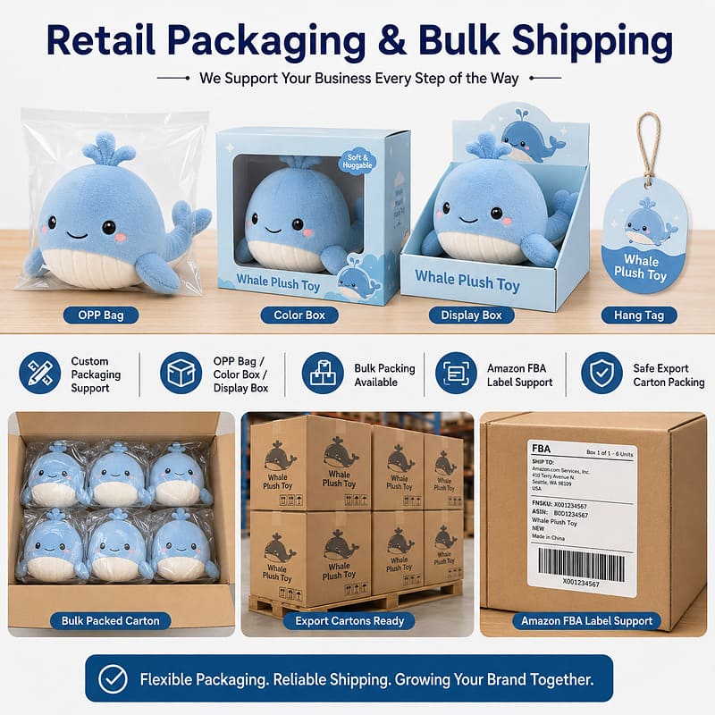 Custom blue whale plush toy design detail