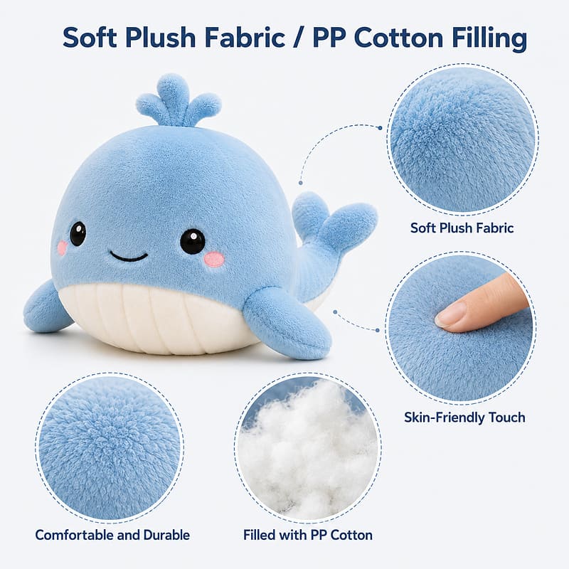 Custom blue whale plush toy size reference