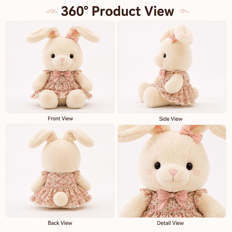 Custom white bunny plush doll front side back view