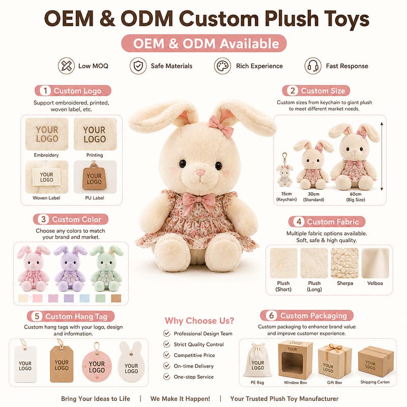 Custom white bunny plush doll embroidered detail