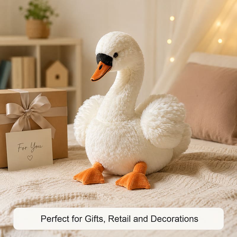 Custom white swan plush toy stitching detail