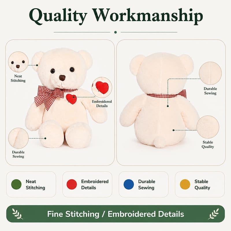 Custom white teddy bear plush toy embroidered detail