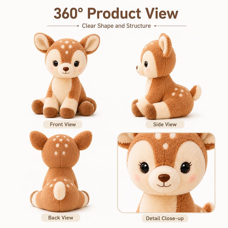 Deer plush toy front side back view