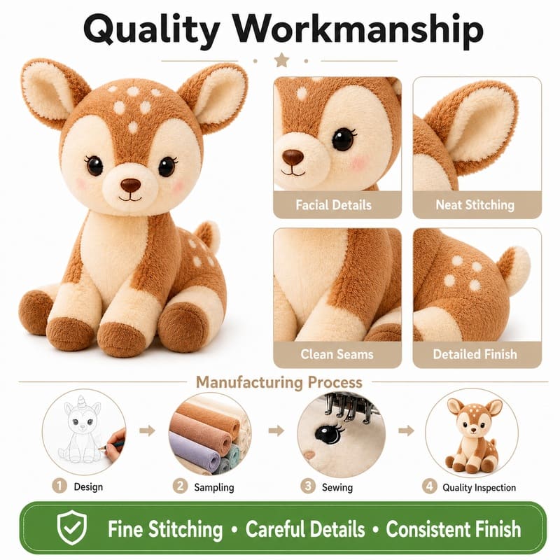 Deer plush toy embroidered detail