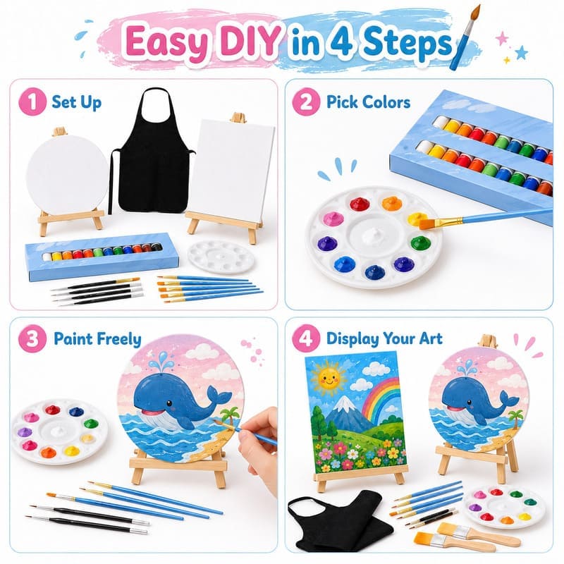 Deluxe mini canvas painting kit with easel size reference