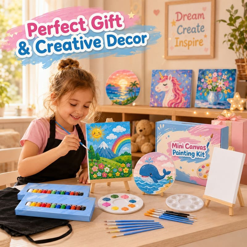 Deluxe mini canvas painting kit with easel stitching detail