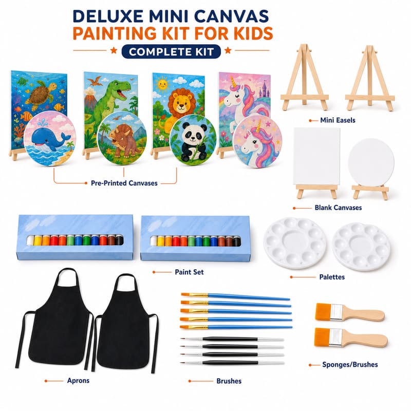 Deluxe mini canvas painting kit with easel front side back view
