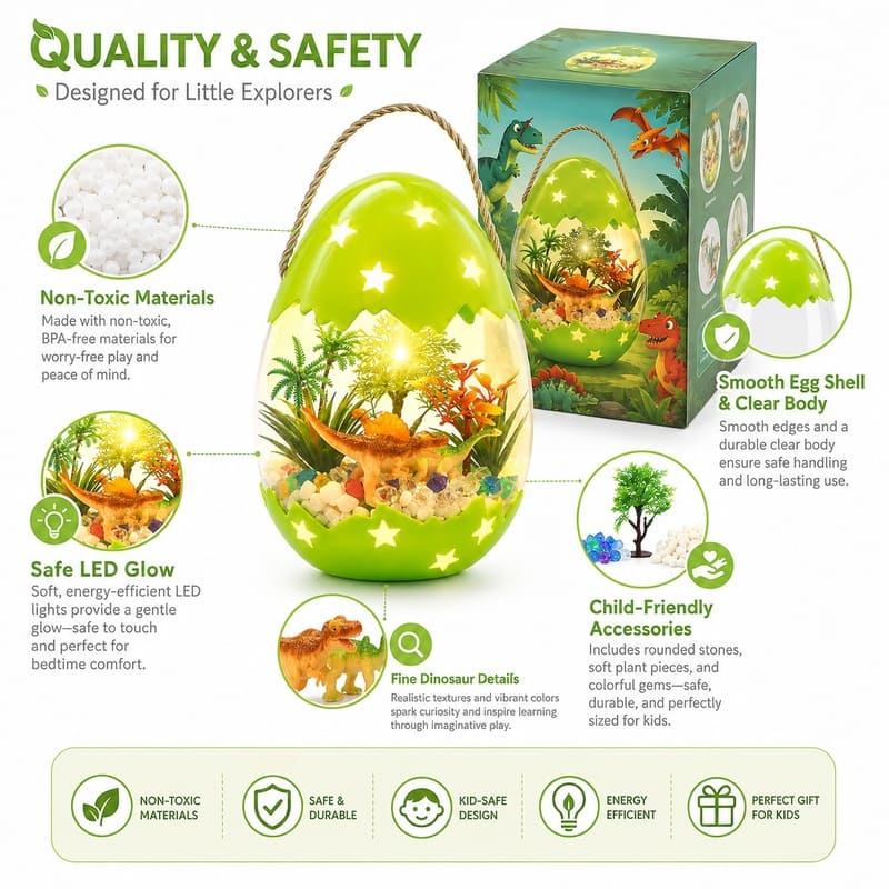 Dinosaur egg terrarium night light kit for kids – wholesale oem/odm craft gift set embroidered detail