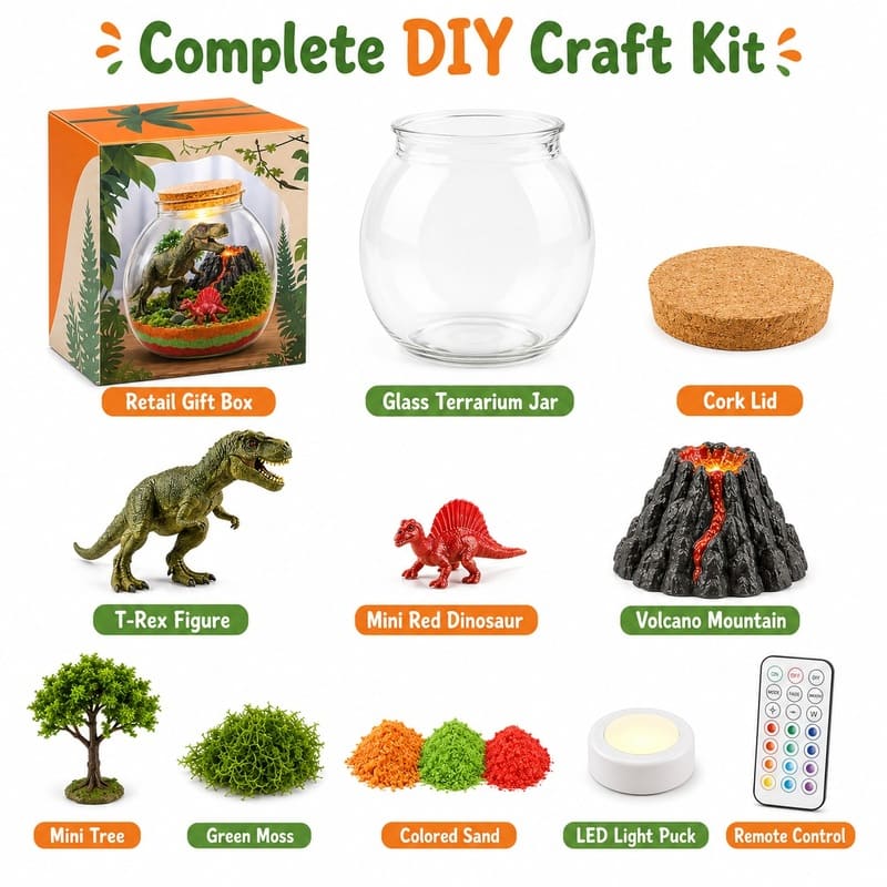 Dinosaur light up terrarium kit for kids – wholesale oem/odm craft gift set size reference