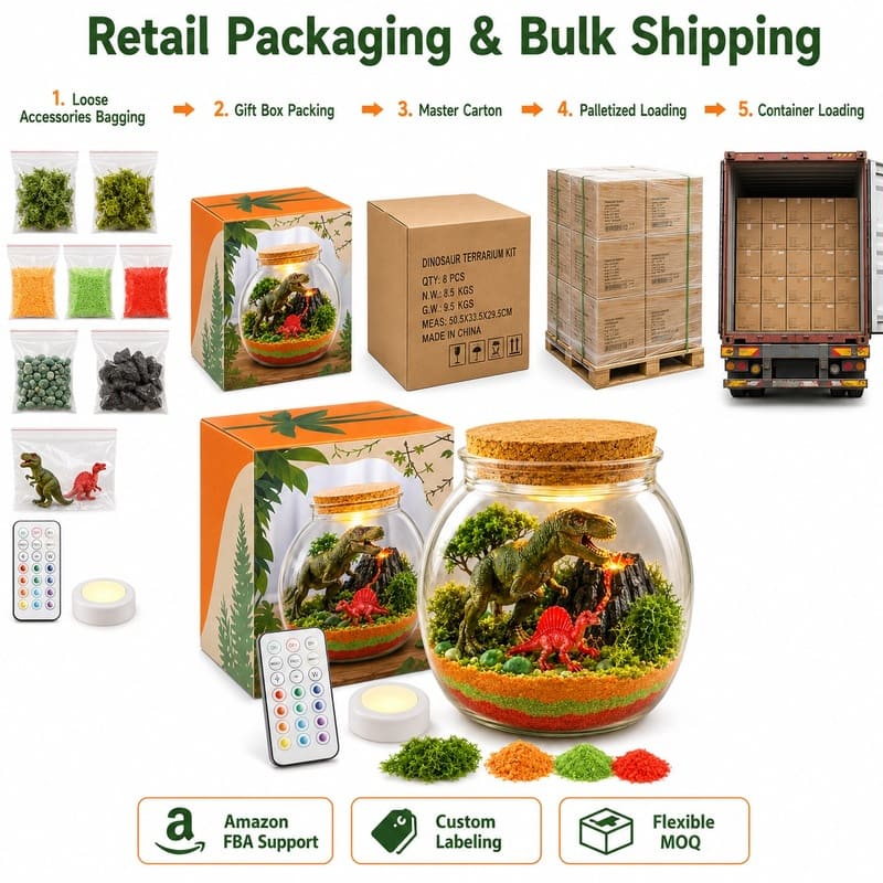 Dinosaur light up terrarium kit for kids – wholesale oem/odm craft gift set stitching detail