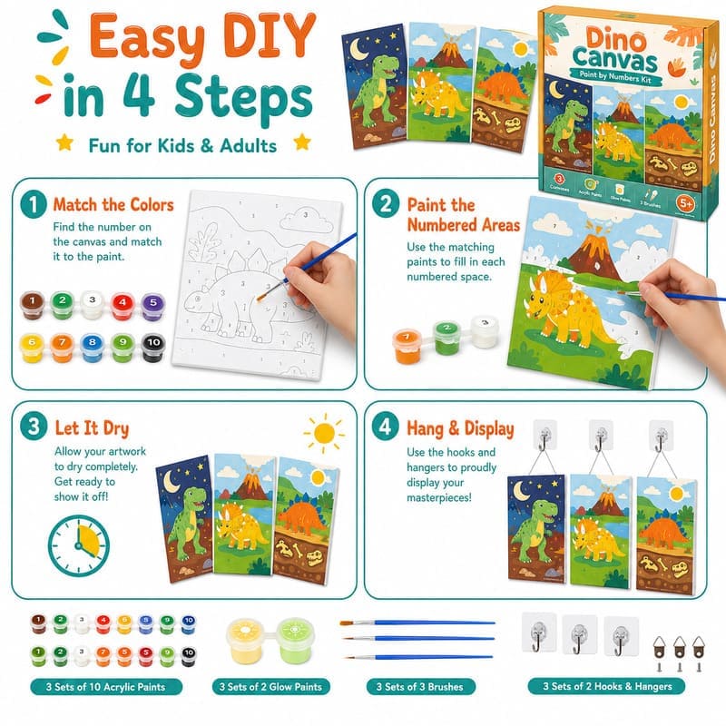 Dinosaur paint by numbers kit for kids size reference