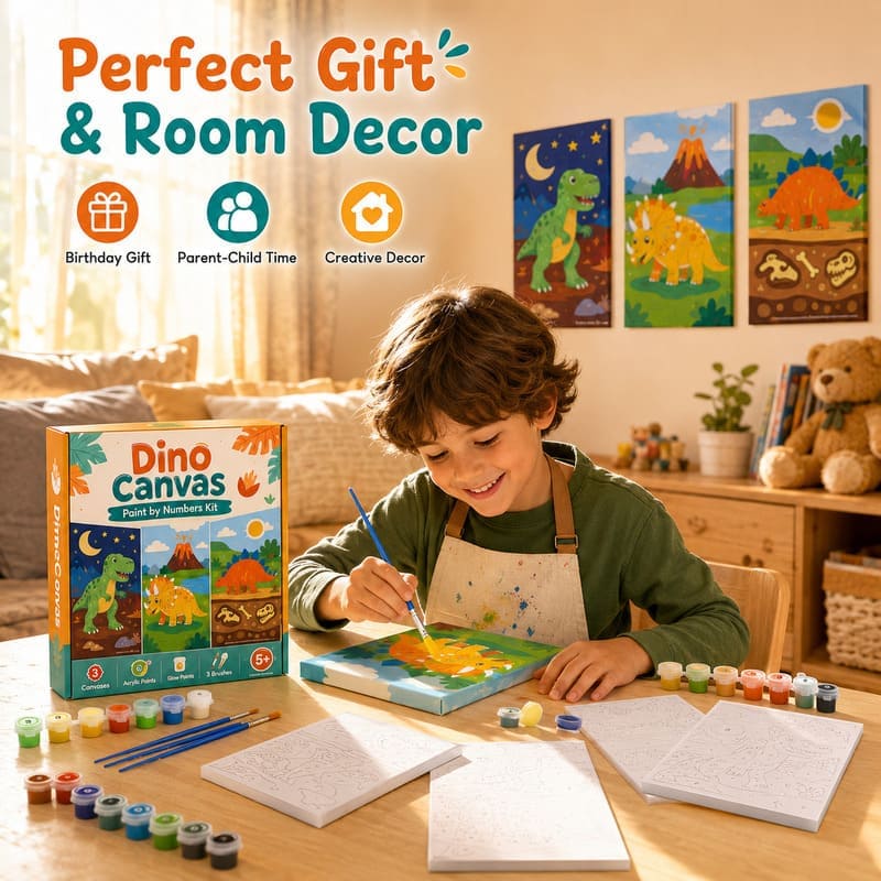 Dinosaur paint by numbers kit for kids stitching detail