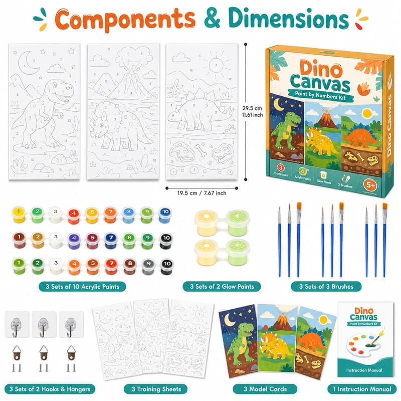 Dinosaur paint by numbers kit for kids front side back view