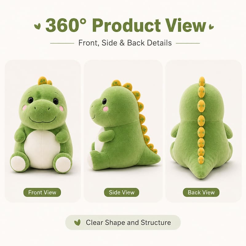 Dinosaur plush toy front side back view