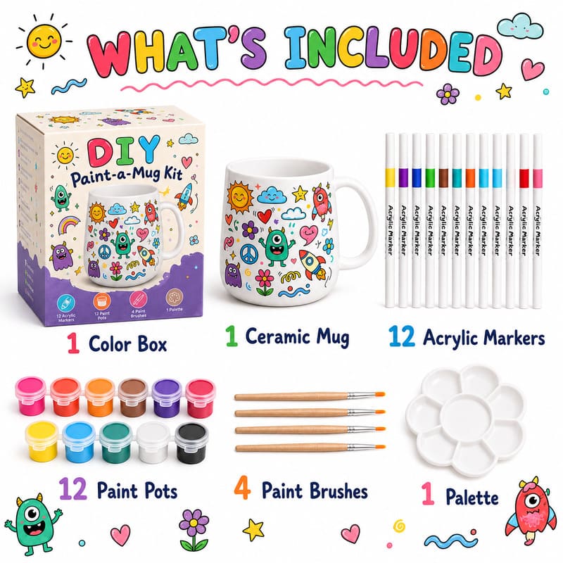 Doodle ceramic mug painting kit front side back view