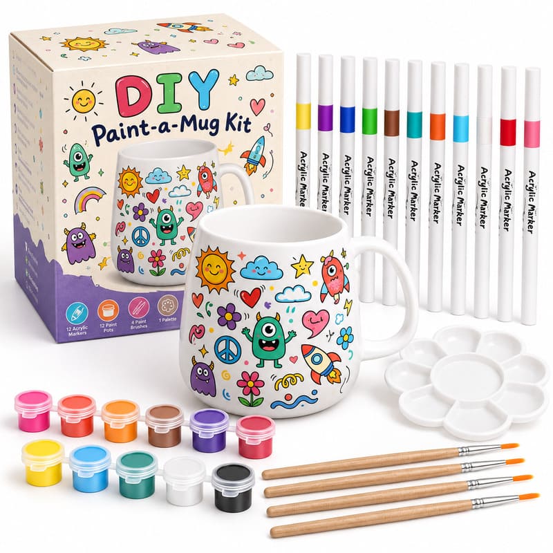 Doodle ceramic mug painting kit front view