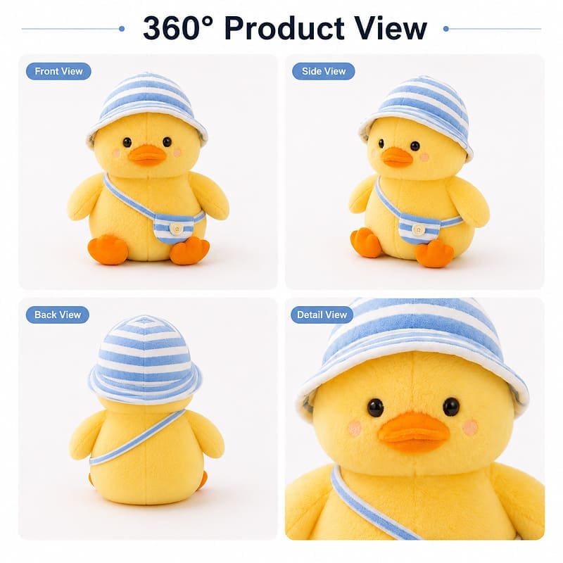 Duck plush toy front side back view