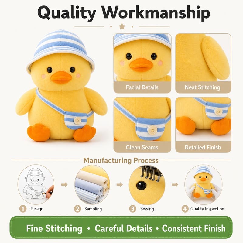 Duck plush toy embroidered detail
