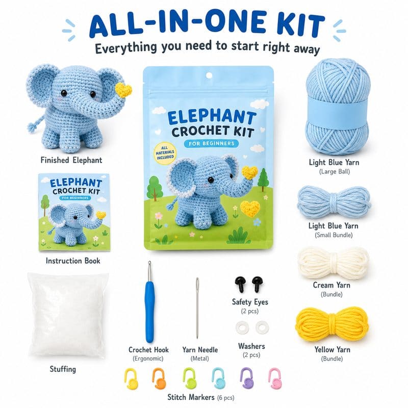 Elephant amigurumi crochet kit for beginners front side back view