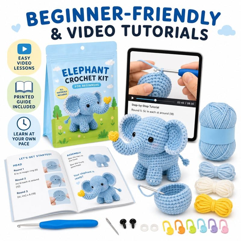 Elephant amigurumi crochet kit for beginners size reference