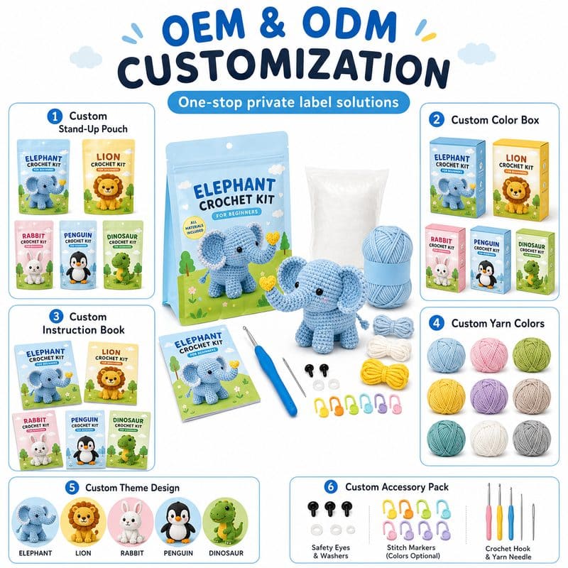 Elephant amigurumi crochet kit for beginners embroidered detail