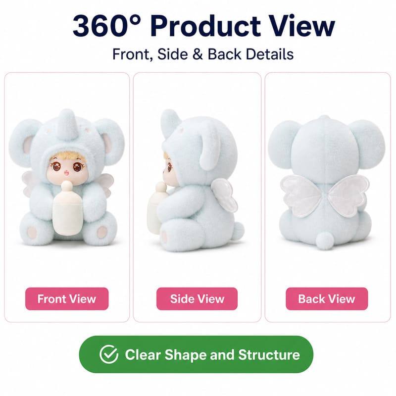 Elephant costume baby plush doll for custom retail and oem plush collections front side back view