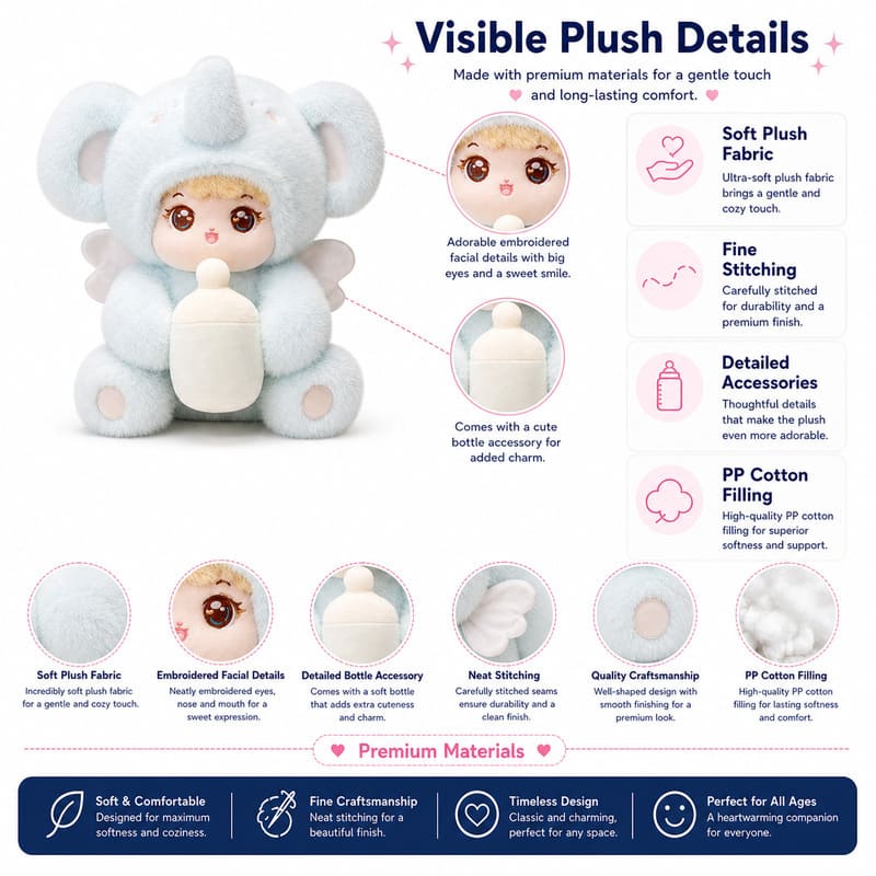 Elephant costume baby plush doll for custom retail and oem plush collections size reference
