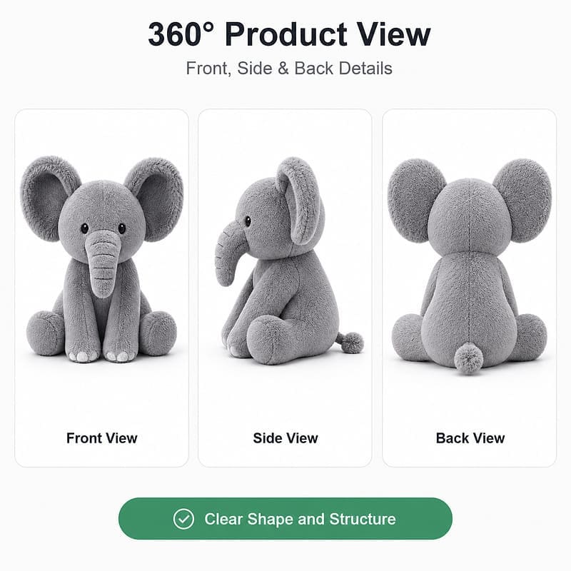 Elephant plush toy front side back view