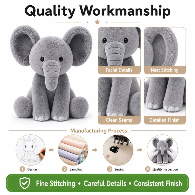 Elephant plush toy embroidered detail