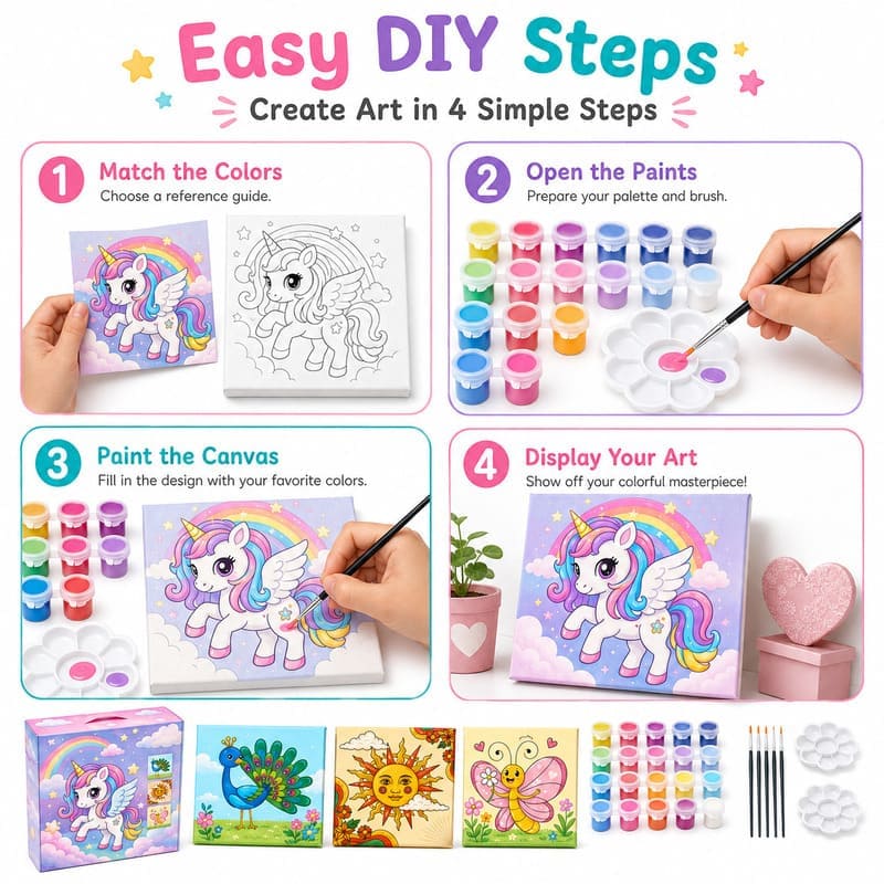 Fantasy animal mini canvas painting kit for kids size reference