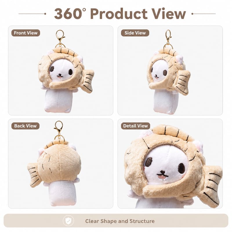 Fish costume cat plush keychain front side back view