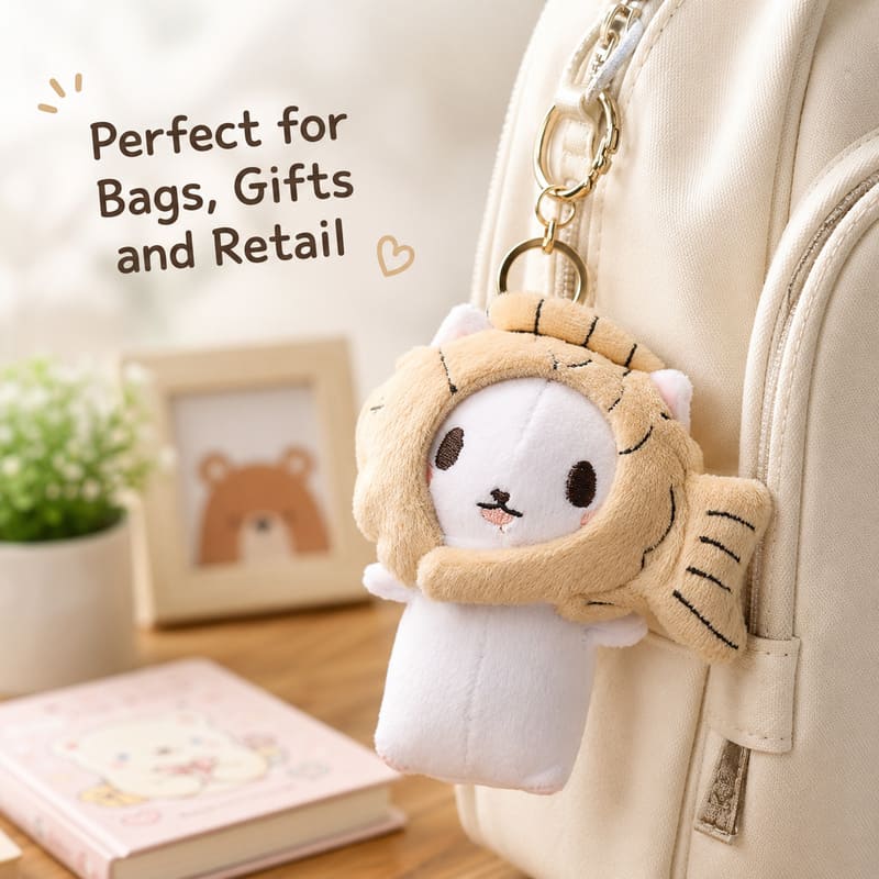 Fish costume cat plush keychain stitching detail