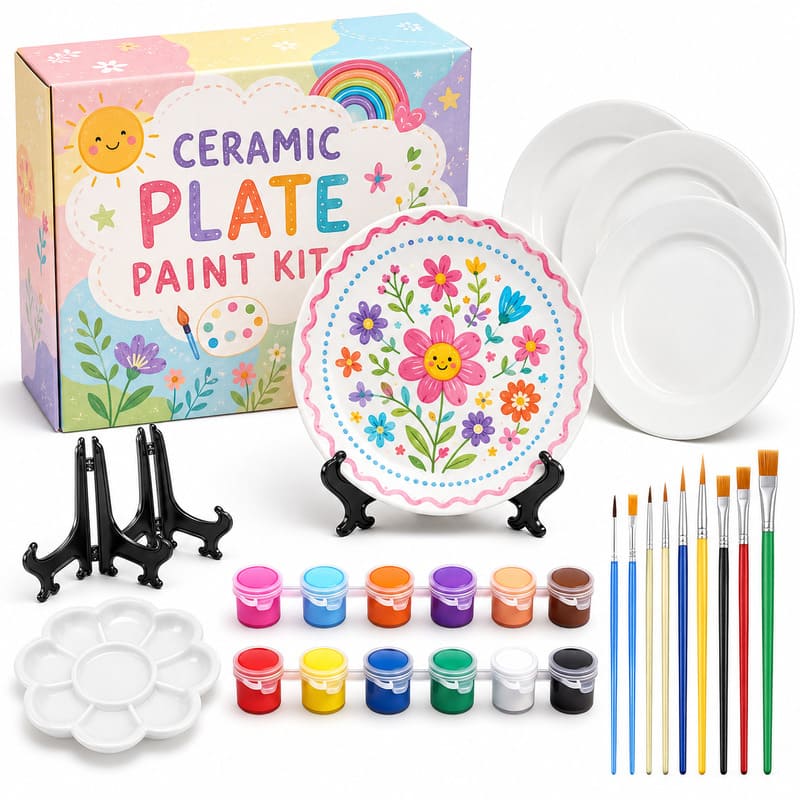 Floral ceramic plate painting kit front view