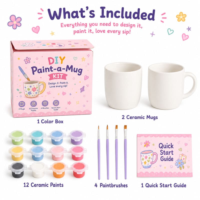 Floral paint your own mug kit front side back view