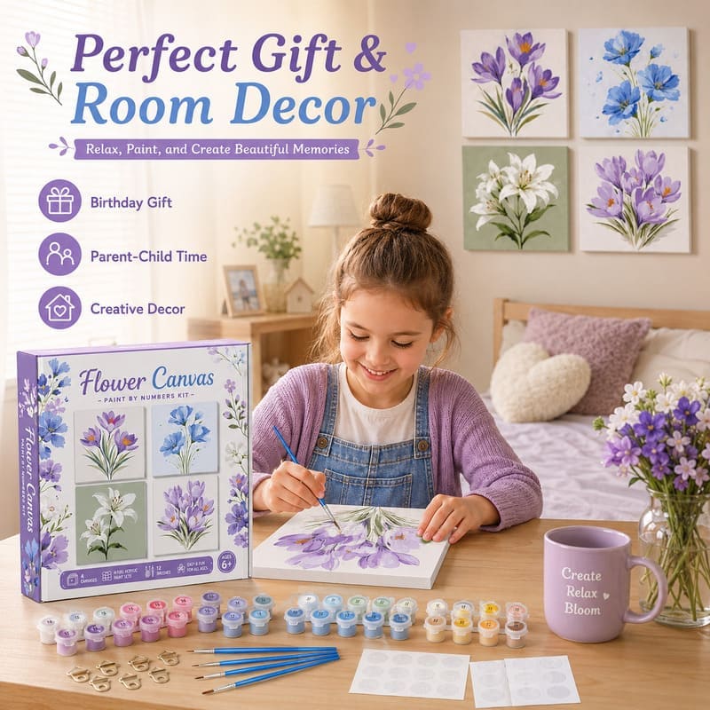 Flower pre-printed canvas painting kit for kids stitching detail