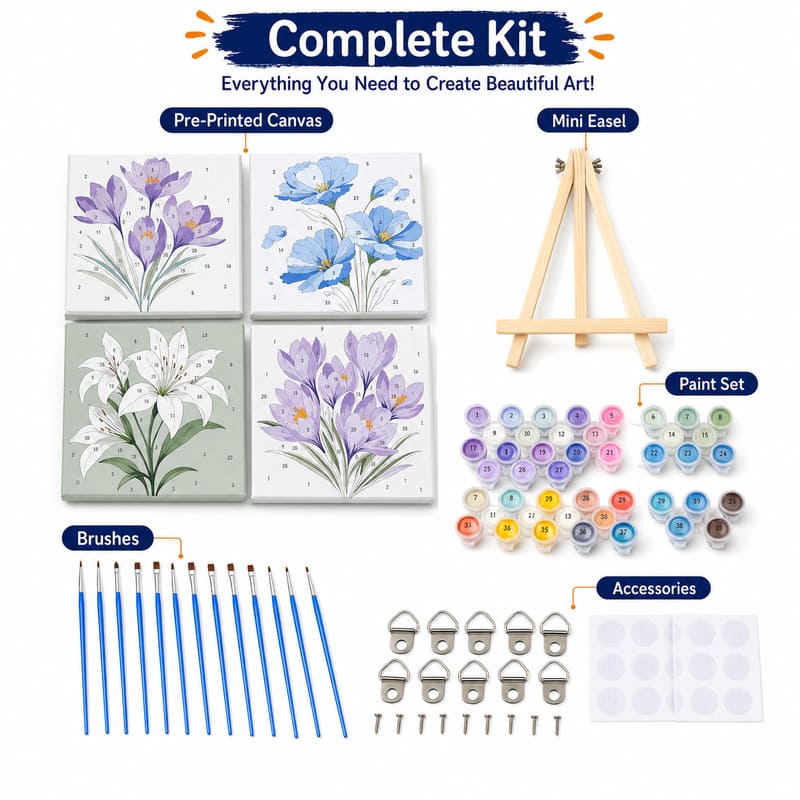Flower pre-printed canvas painting kit for kids front side back view