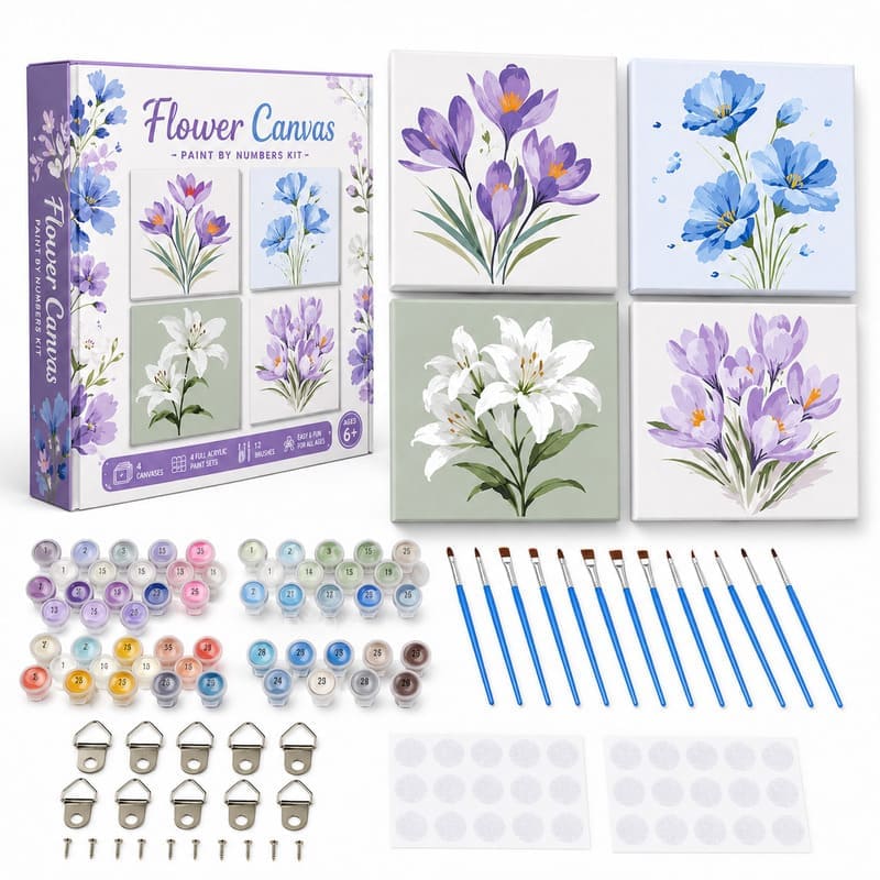 Flower pre-printed canvas painting kit for kids front view
