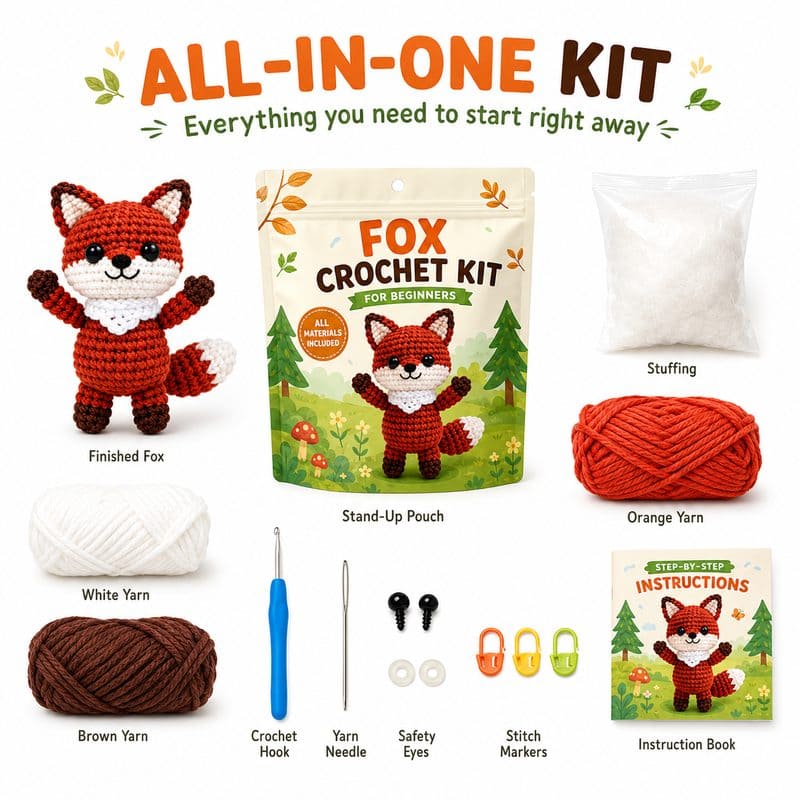 Fox amigurumi crochet kit for beginners front side back view