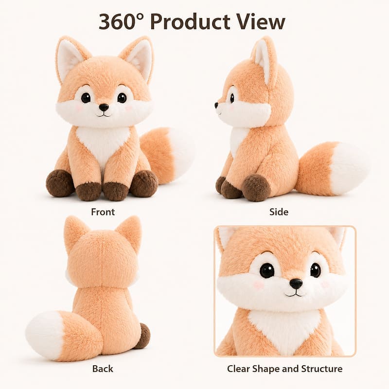 Fox plush toy front side back view