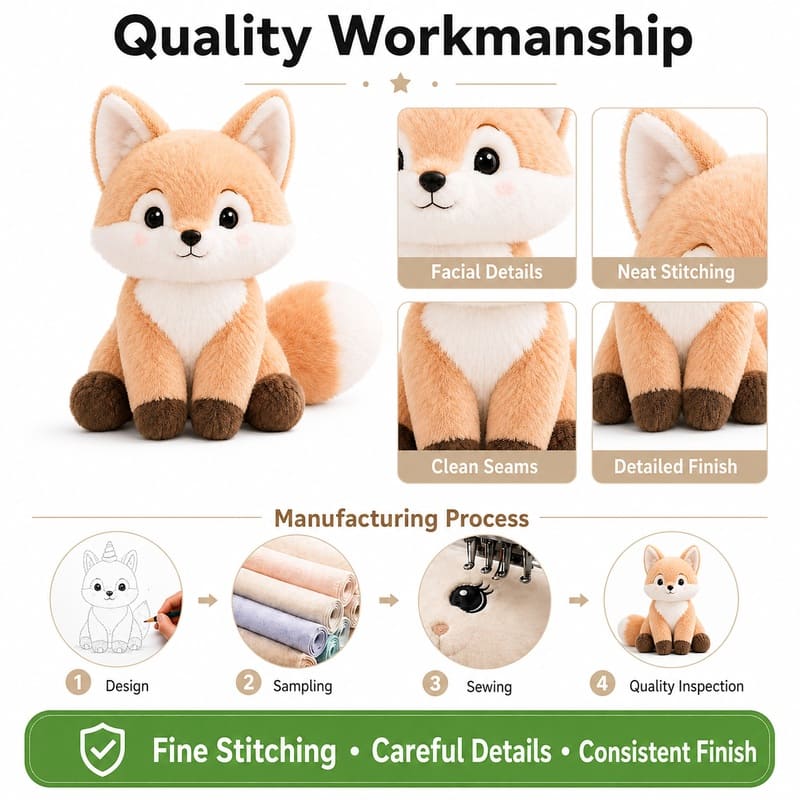 Fox plush toy embroidered detail