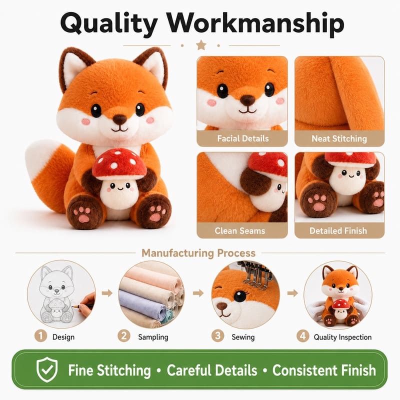 Fox stuffed animal embroidered detail