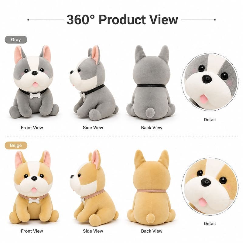 French bulldog plush toy set front side back view