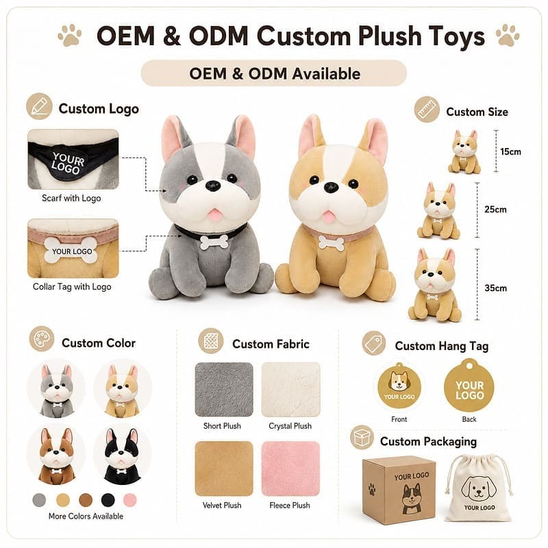 French bulldog plush toy set embroidered detail
