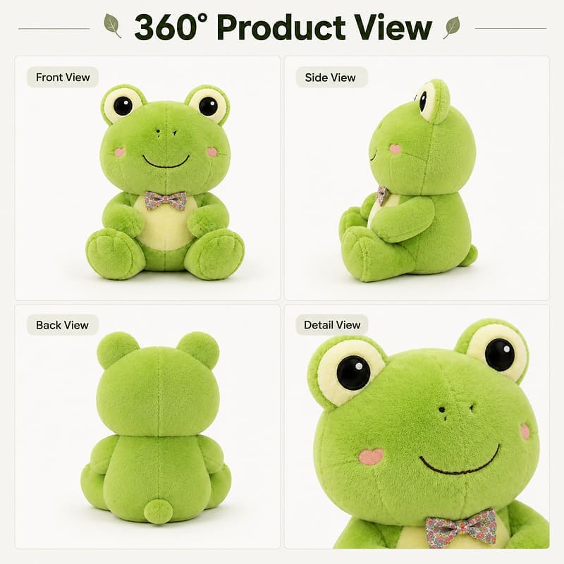 Frog plush toy front side back view