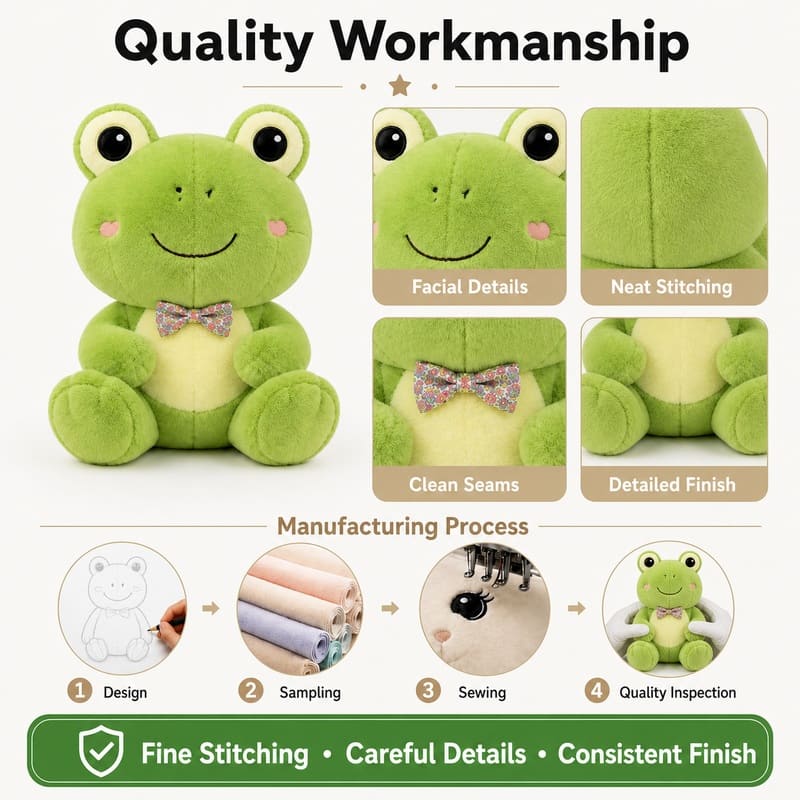 Frog plush toy embroidered detail