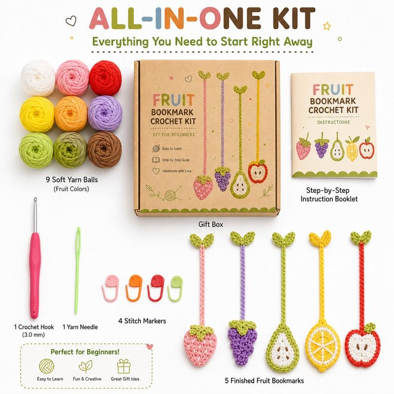 Fruit bookmark crochet kit for beginners front side back view